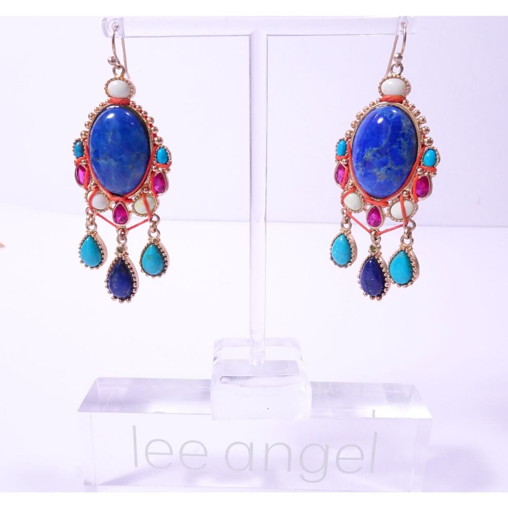 Neiman Marcus Majestic Cabochon Turq Lapis Crystal Chandelier Earrings NWT 278